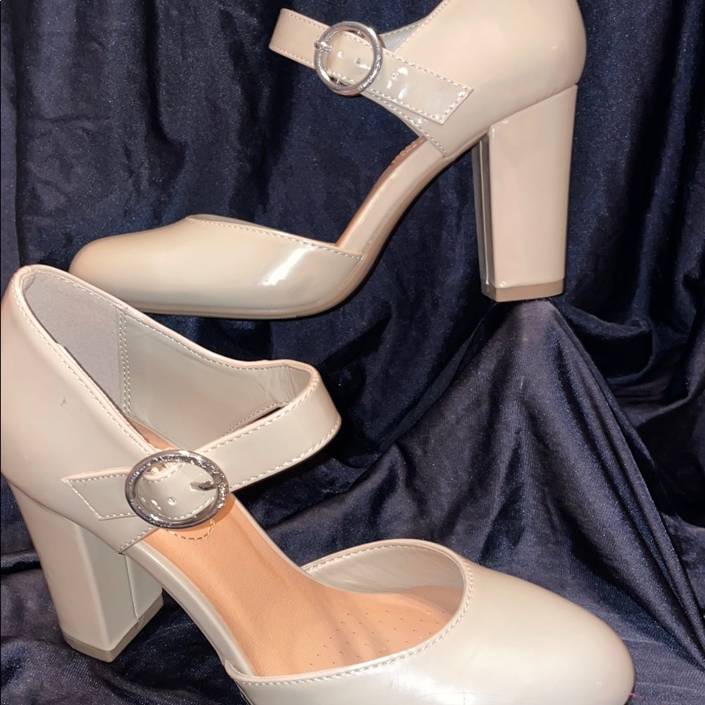 Y Not? Comfort Cream Mary Jane Heels with Chunky Block Heel